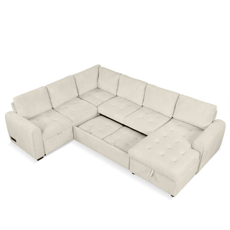 107.5" U-Shaped Corduroy Sectional Sofa with Pull-Out Bed, Storage Chaise, USB Ports and Power Sockets (5-Seater)