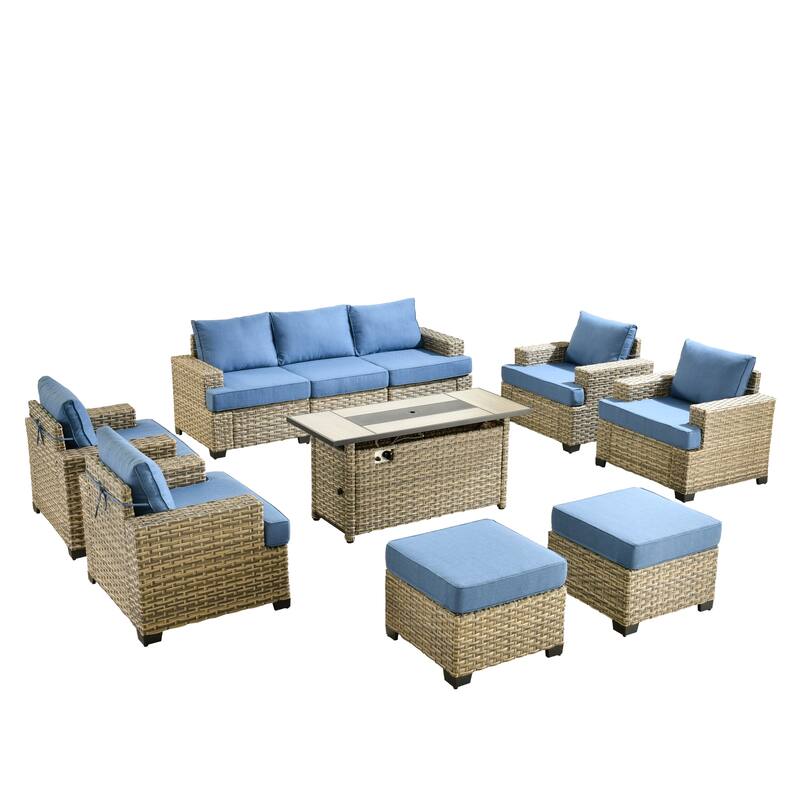 HOOOWOOO 10-piece Outdoor Wicker Wide Arm Patio Furniture Set with Fire Pit
