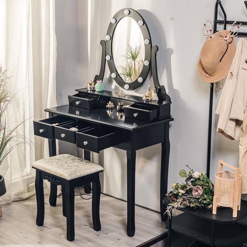 Space-Saving Makeup Vanity with LED Lights - 5 Drawer Desk and Stool