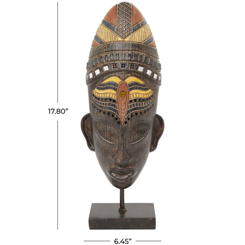 Brown Polystone Primitive African Mask and Standing African Woman Sculpture Wall Decor