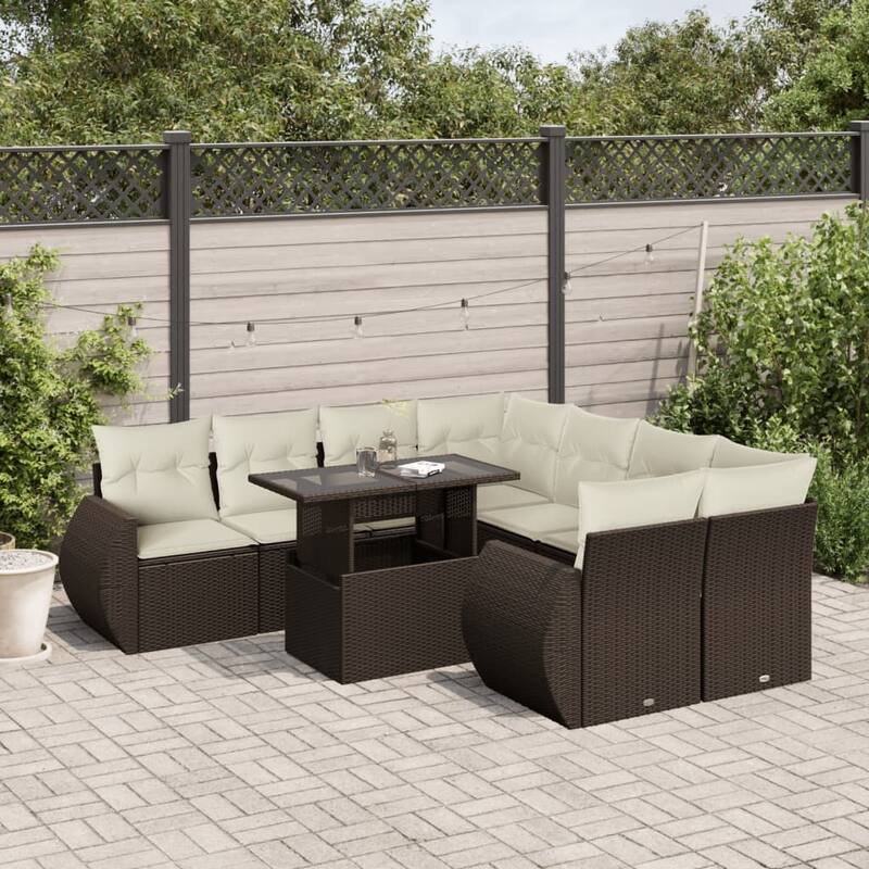 vidaXL Patio Sofa Set with Cushions Outdoor Furniture 9 Piece Poly Rattan - 24.4 x 24.4 x 27.2 - Brown and Cream-without storage