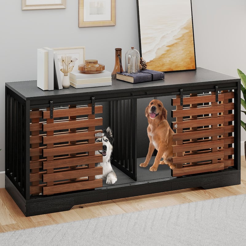 Moasis 71" Double Dog Crate Furniture for 2 Dogs with Sliding Fence Door,Heavy Duty Dual Dog Kennel TV Stand Large Dogs
