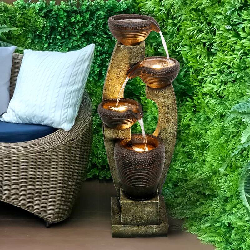 40"H Resin Water Feature with LED Lights – Multi-Tier Fountain for Home or Garden