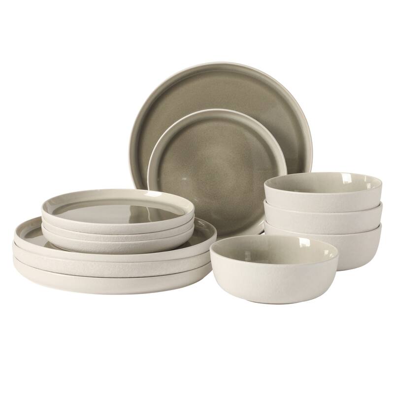 Gibson Elite Tahoe Sunset 12 Piece Stoneware Reactive Glaze (Service for 4) Ceramic Plates and Bowls Dinnerware Set - Grey