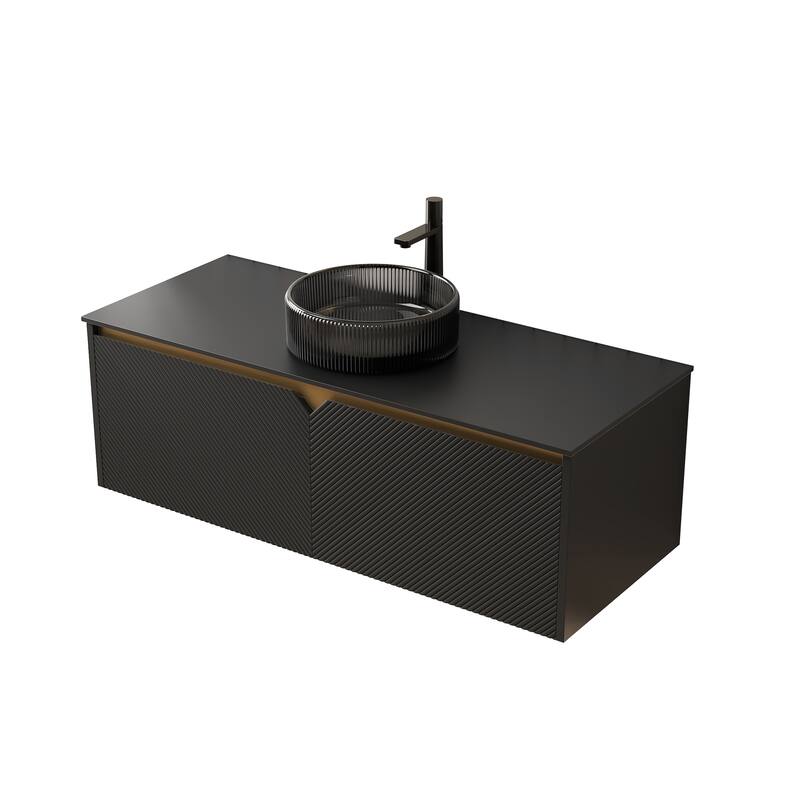 30"/36"/48" Floating Bathroom Vanity with Vessel Sink, Wall Mounted Sintered Stone Countertop Bathroom Storage Cabinet