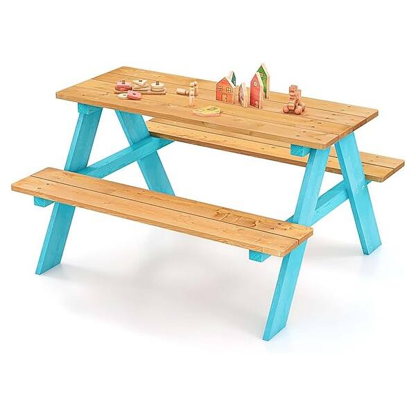 slide 2 of 6, Kids Outdoor Picnic Wooden Table Set w/ Bench Seats Backyard Blue + Natural