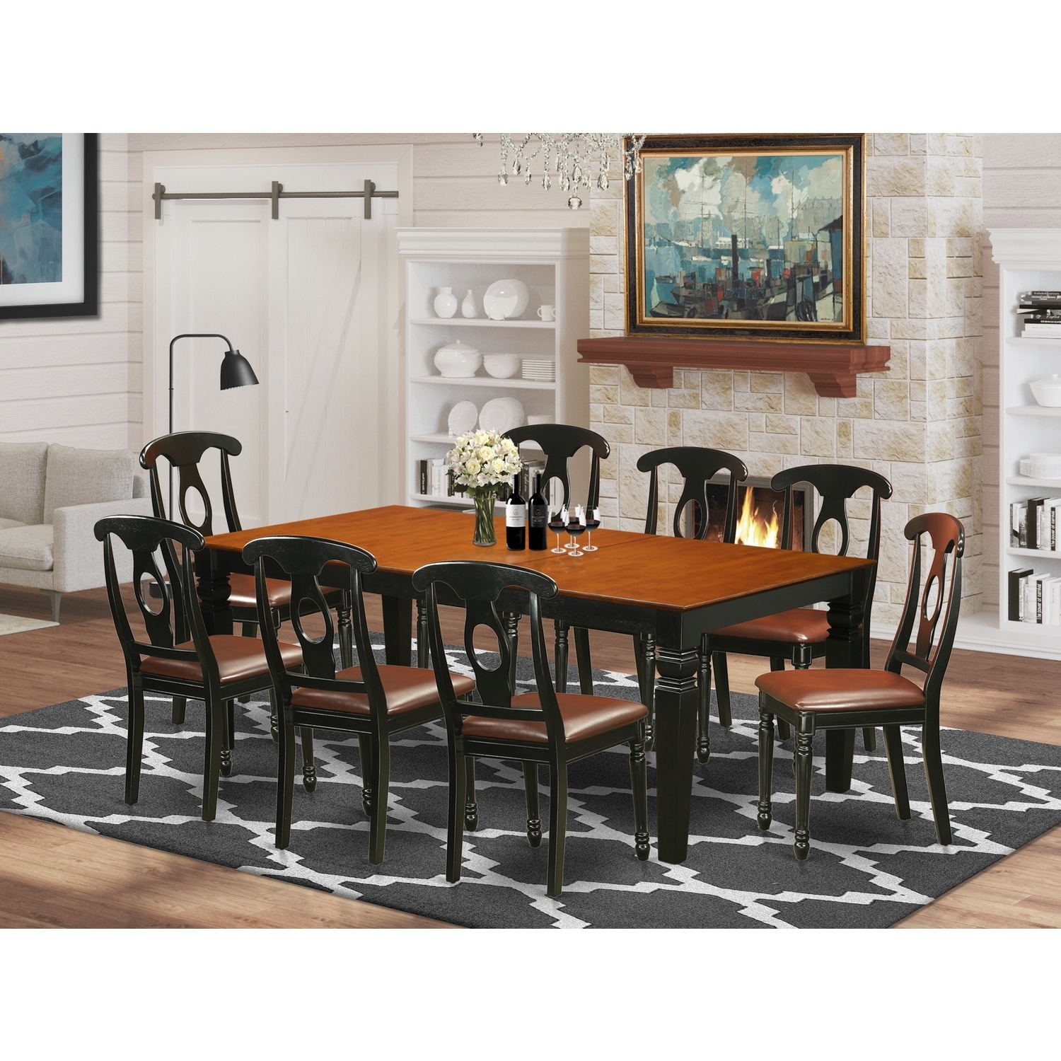 Cottage Dining Table Set - 9 Piece Kitchen Table & Chair Set - Black Finish