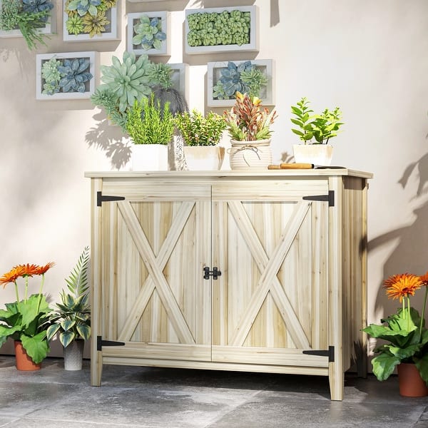 Outsunny Wood Garden Shed, Compact Outdoor Storage Cabinet Potting Shed with Inner Shelf and Double Doors - Natural Wood