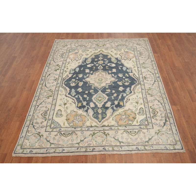 Hand Knotted Oriental 100% Wool Carpet Transitional Geometric Greys & Charcoal Oushak Area Rug - 6' 6'' X 5' 3''