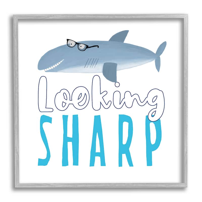 Stupell Shark in Glasses Phrase Framed Giclee Art Design by Carla Daly - 12 x 12 - Grey