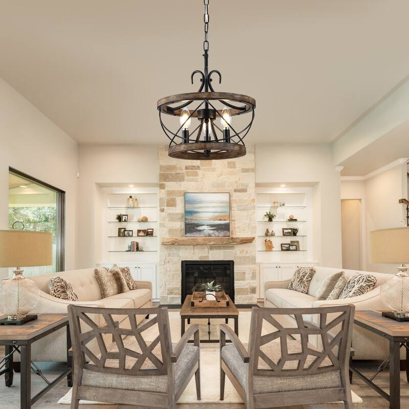 Bella Depot 5-Light Rustic Cage Wood Chandelier Dimmable Lighting, 15.7" Adjustable Farmhouse Pendant Light for Kitchen Island