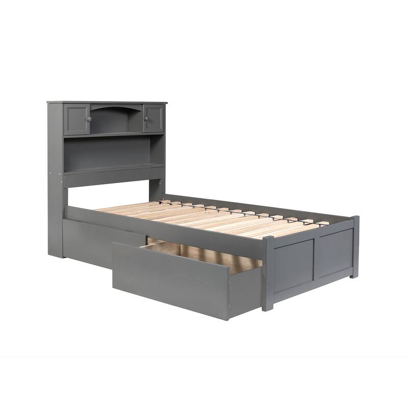 Twin Platform Bed with Drawers - Solid Wood Bed Frame, Extra Long, Antique Finish, Storage Bed