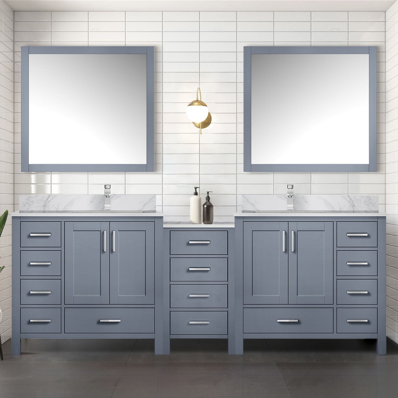Lexora Coraline 92 in W x 22 in D Distressed Grey Double Bath Vanity, Carrara Marble Top, and 34 in Mirrors, image size:1334x1334