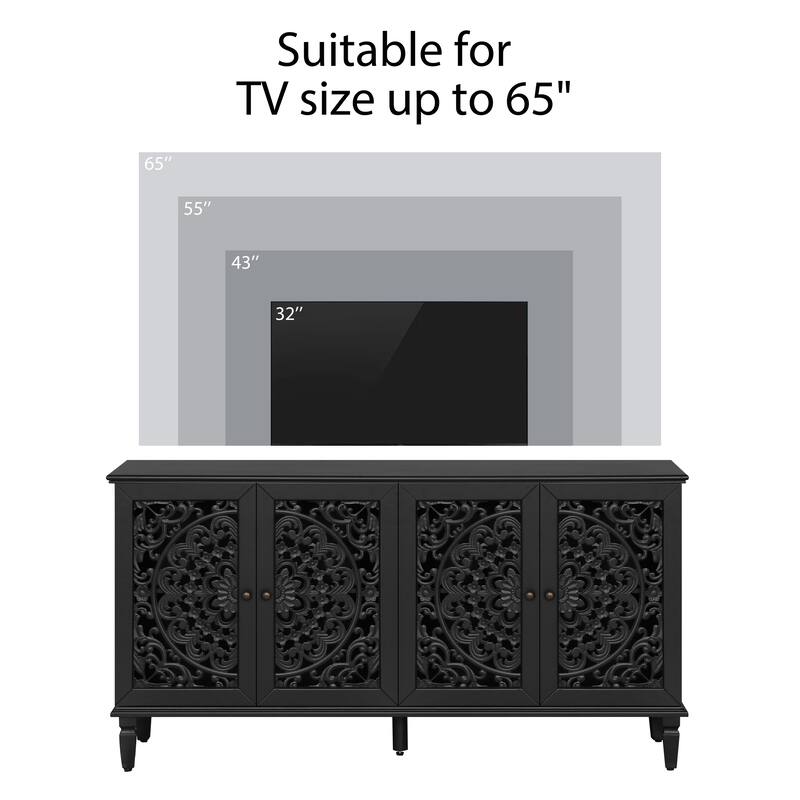 Floral Carvings with Solid Wood Legs&Antique Brass Handles&Adjustable Shelves, TV Stand for 65''+ TV, Sideboard
