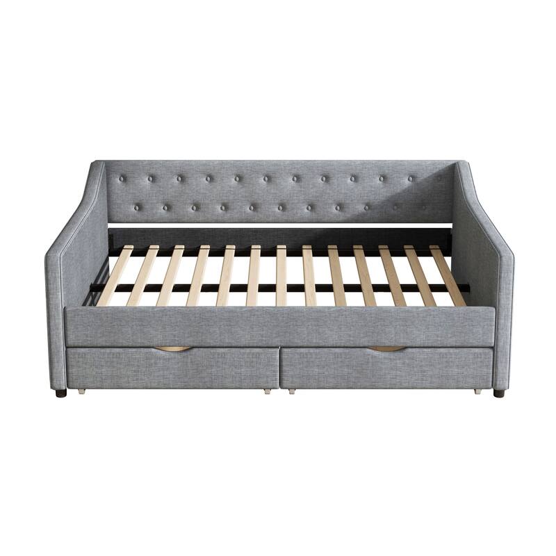 Linen Upholstered Daybed with 2 Drawers, Wooden Platform Sofa Bed Frame with Button Tufted Backrest, No Box Spring Needed