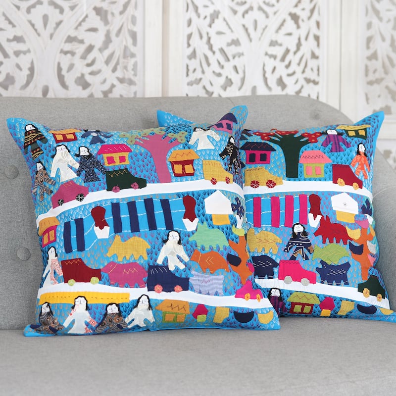 Novica Handmade City Life Embroidered Cotton Cushion Covers (Pair)