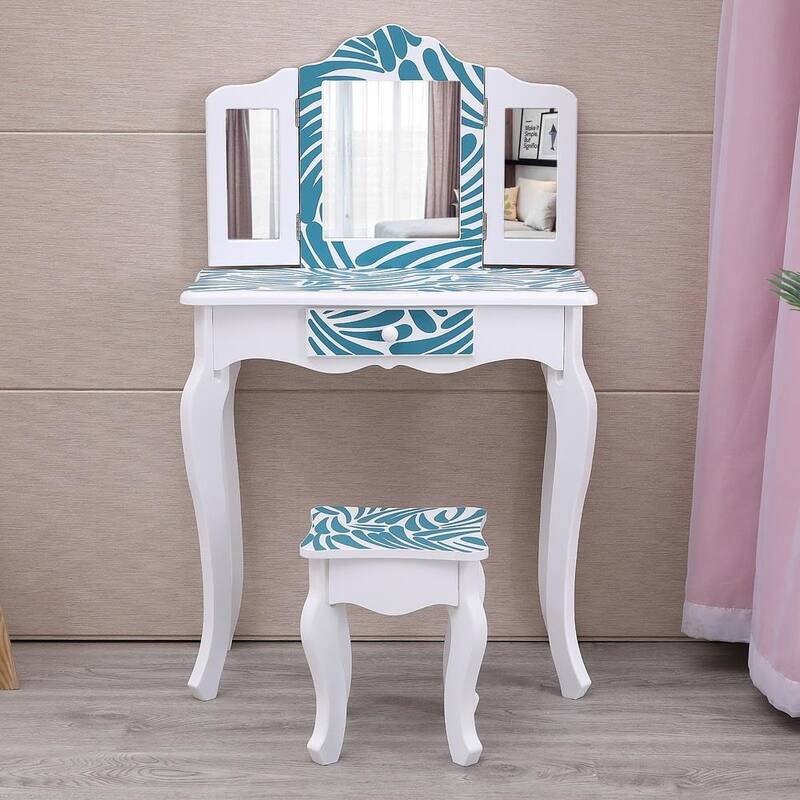 Kids Vanity Table and Stool Set with 3 Mirrors Pretend Play Princess
