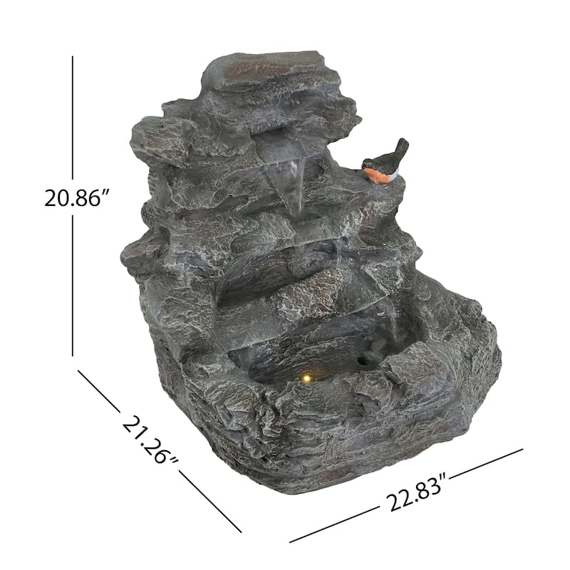 Roomfitters 21-Inch 4-Tiered Concrete Rock Waterfall Fountain with LED Lights, Natural Faux-Stone Cascading Water Feature, Gray