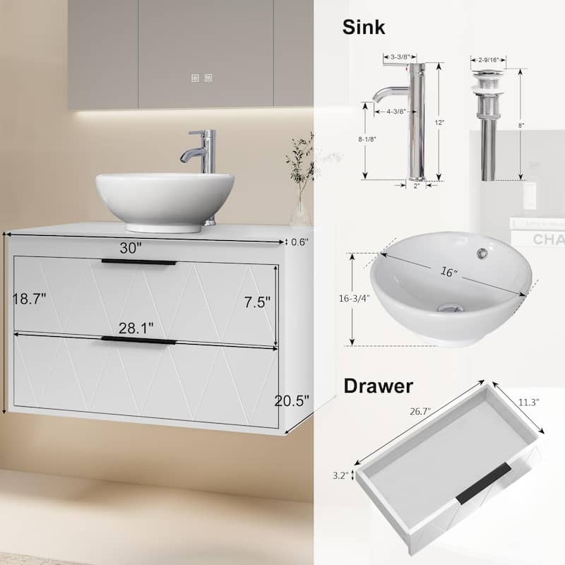 Modern Wall Mounted Bathroom Vanity Set with Vessel Sink & Faucet
