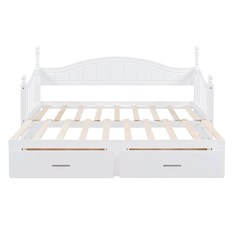 Twin to Full Extendable Daybed with Pull-out Trundle Bed & 2 Storage Drawers, Arc Shaped Hollow Huardrails on Both Sides