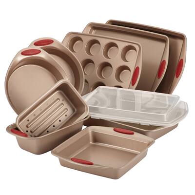 Bakeware Set Baking Cookie Sheets Cake Muffin Bread Pan, 10 Piece, Latte Brown with Cranberry Red Grips