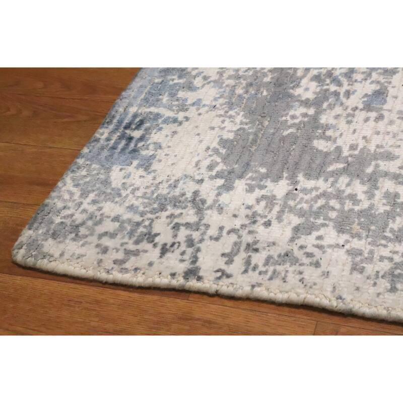 Hand Knotted Oriental Viscose Silk Carpet Modern Abstract Navy Blue & Blues Abstract Area Rug - 4' 0'' X 2' 0''