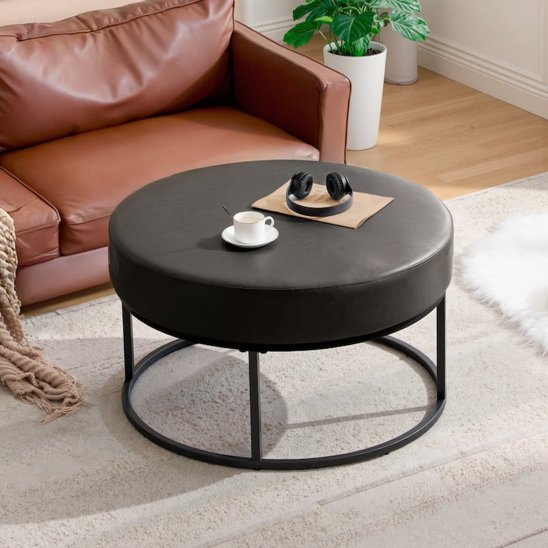 Faux Leather Round Ottoman for Living Room with Metal Legs