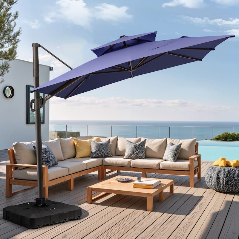 Pellebant 9 FT x 11 FT Outdoor Double Top Patio Cantilever Offset Umbrella with Base Stand