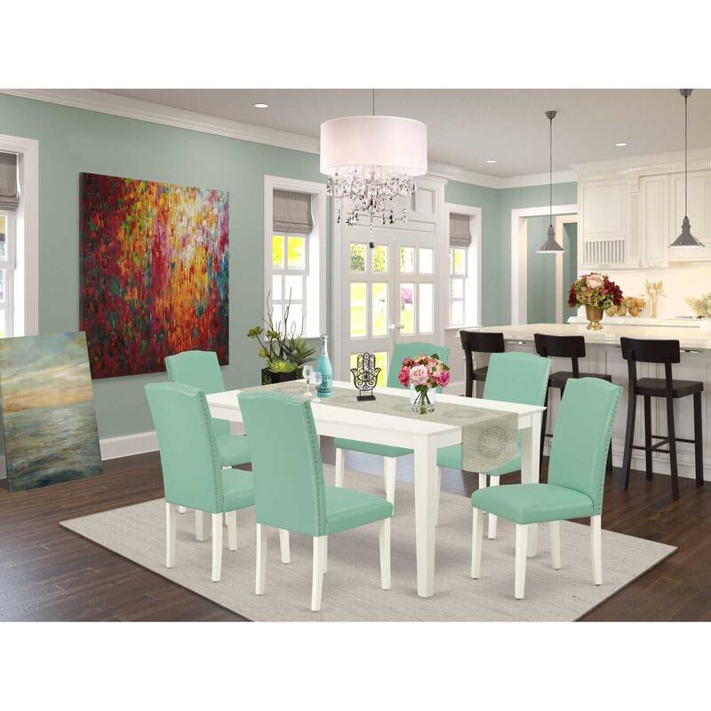 HomeStock 7-Pc Rectangle Linen White Finish Solid Wood Top Dining Table with 6 Parson-Chairs