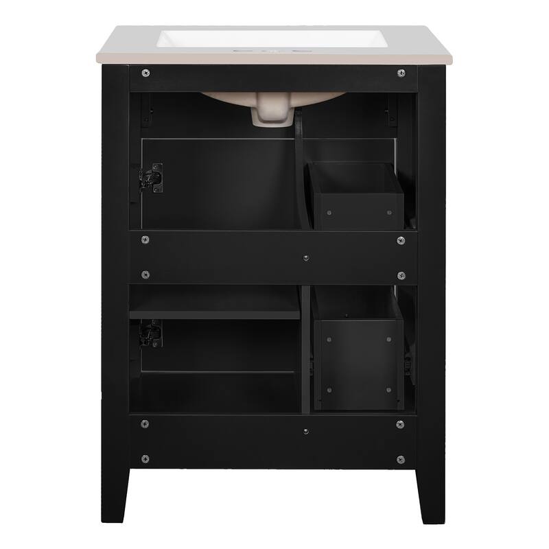 24" Bathroom Vanity with Ceramic Basin, Restroom Basin Cabinet with 2 Drawers, Small Bathroom Cabinet with Soft-Closing Door