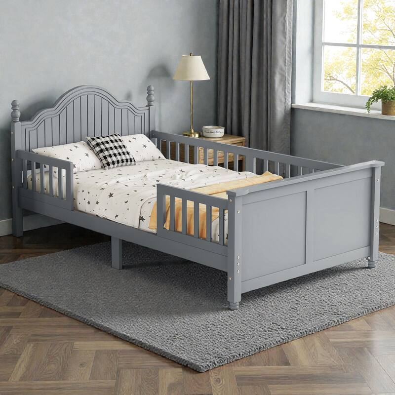Kids Wooden Platform Bed with Safety Guardrails, Low Profile Bed with Headboard and Footboard - Grey - Twin