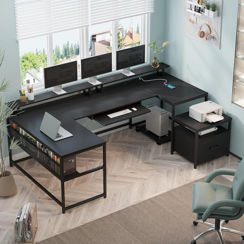 Reversible L Shaped Home Office Desk with File Drawer U Shaped Desk