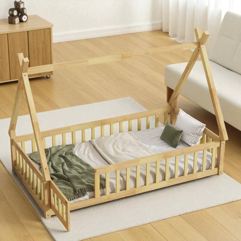 Twin Size Rubber Wood Teepee Floor Bed with Guardrails, Slats and Door for Kids Bedroom