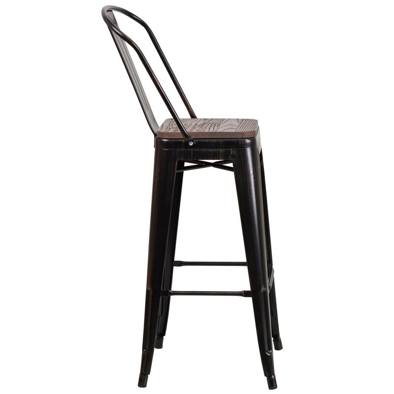 30" High Metal Barstool with Back and Wood Seat - 17.75"W x 20"D x 45.25"H