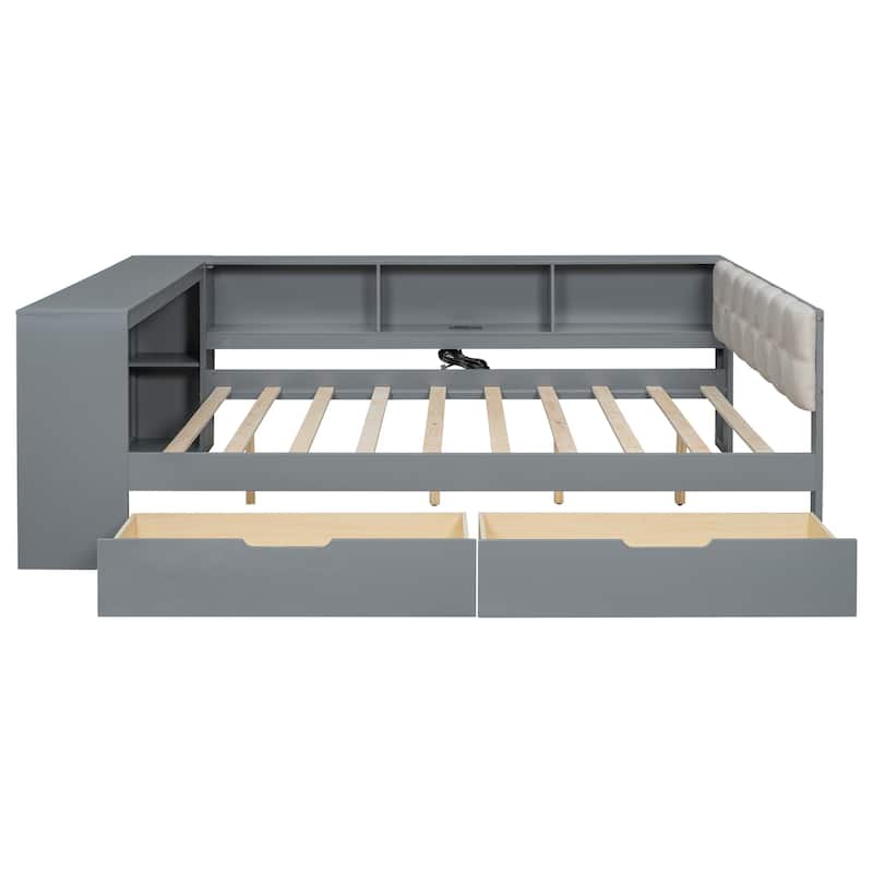 Full Size Wood Platform Bed with Storage Shelves, Drawers, Charging Station and Upholstered Headboard, Gray