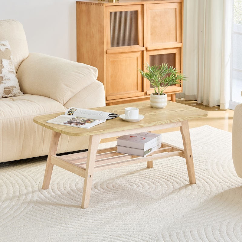 Solid Wood Coffee Table - 2-Tier Wooden Center Coffee Table with Storage Shelf for Living Room, Apartment, and Office
