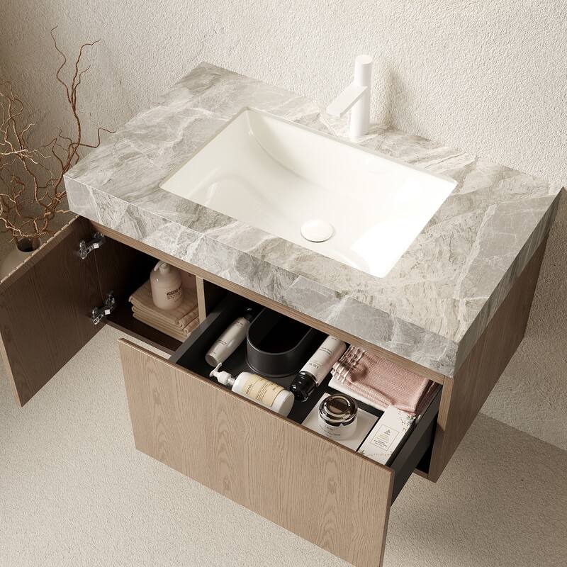 Floating Bathroom Vanity with Sintered Stone Top & Undermount Ceramic Basin with Single Pre-drilled Faucet Hole