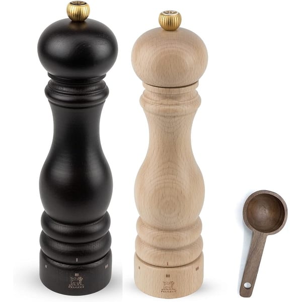 slide 1 of 1, Peugeot Paris u'Select Salt & Pepper Mill, Inch, Chocolate/Natural - With Wooden Spice Scoop (9 Inch) 3 Piece