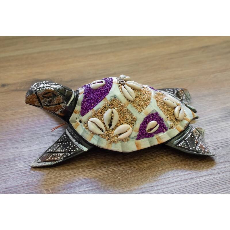 Wooden Tortoise Turtle Home Decor Sculpture Statue Wall Hanging Handmade Seaside Tropical Nautical Ocean Coastal - Purple - 8" long x 5" wide x 2.5" tall