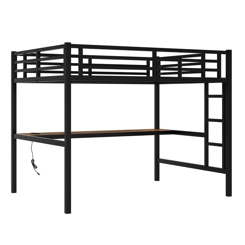 Metal Full Size Loft Bed with Wood Desk, USB, Power Outlet and LED Lighted, High Loft Bed with Ladder and Safety Guardrails