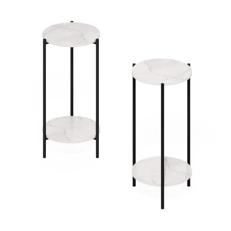 Furinno Besi 2-Tier Modern Tall Round Side End Table with Sturdy Metal Legs, Americano, Set of 2 - Marble White