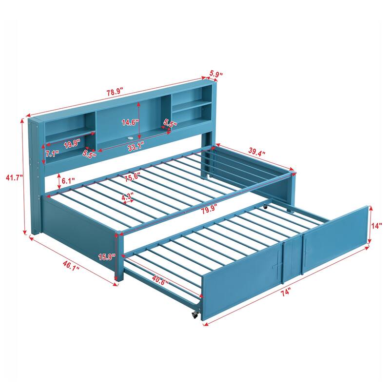 Twin Size Metal Daybed with Twin Size Trundle, Storage Shelves and USB Ports