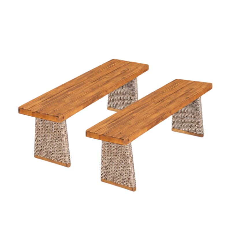 Roomfitters Outdoor Acacia Wood Bench with Wicker Legs, Weather-Resistant Patio Seating