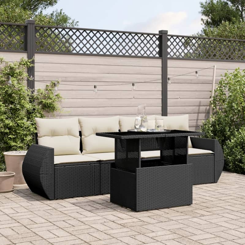 vidaXL Patio Sofa Set with Cushions Outdoor Furniture 5 Piece Poly Rattan - 21.7 x 39.4 x 28.7 - Black and Cream-without storage
