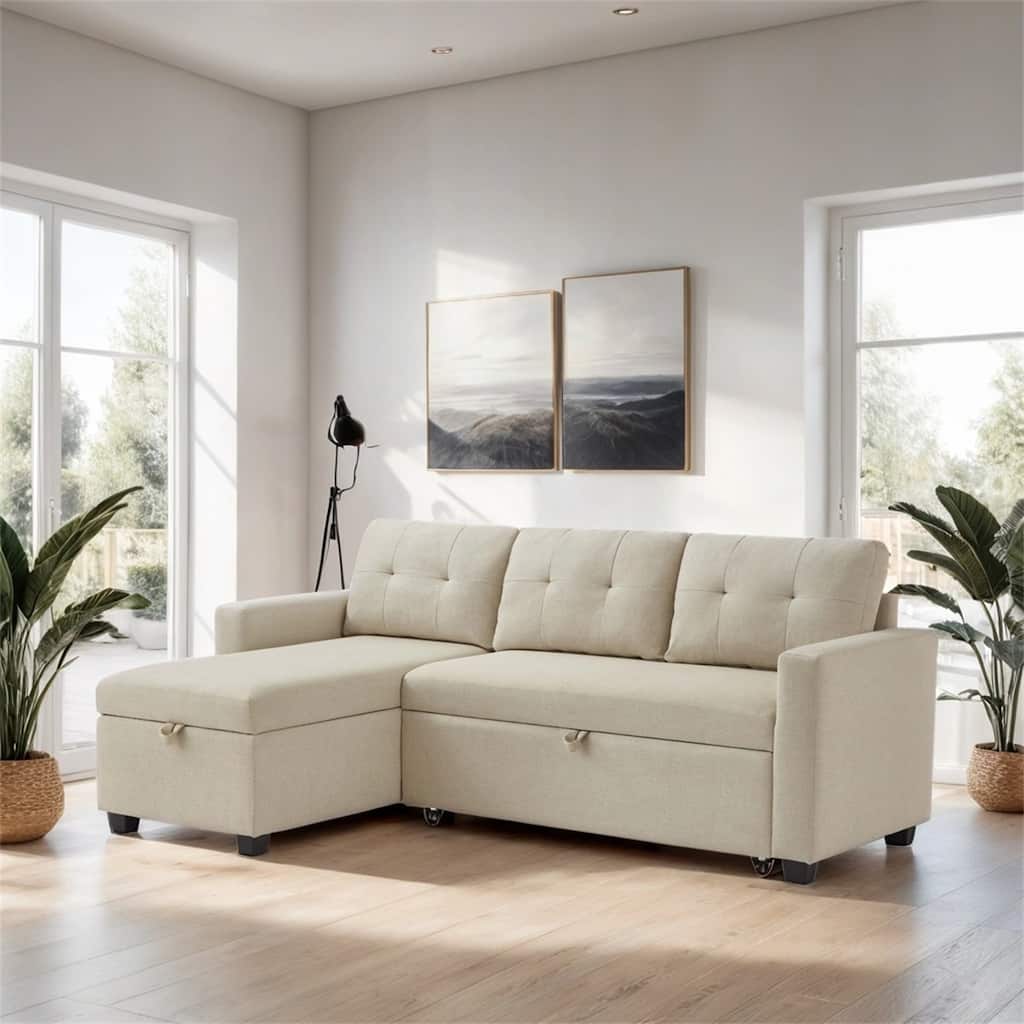 Upholstered Pull Out Sectional Sofa w/Storage,Convertible Corner Couch