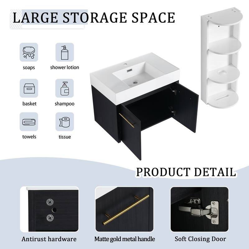 Wall mounted bathroom vanity with sink and storage shelf
