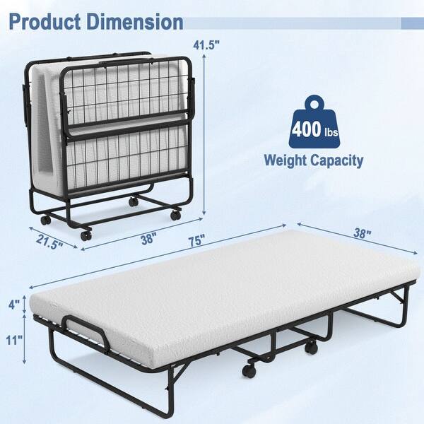 Compact Twin Size Metal Folding Bed Featuring Memory Foam Mattress