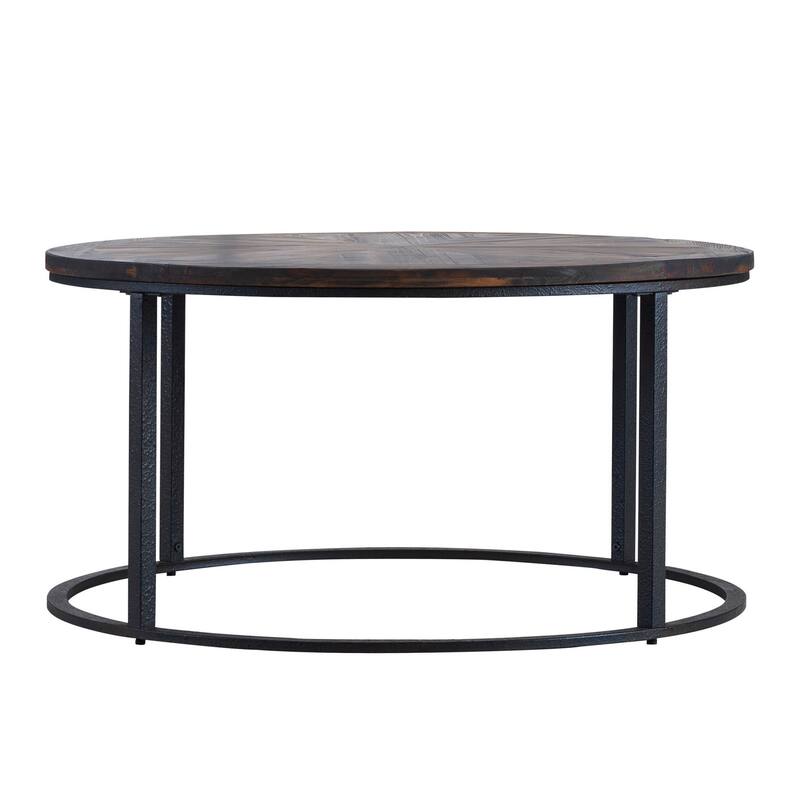 36" Rustic Round Coffee Table with Reclaimed Solid Wood Top and Wrought Iron Base for Living Room - 36”L x 36”W x 18”H