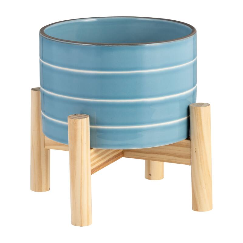 Sagebrook Home Ceramic Planter on Wooden Base Contemporary Coastal Sky Blue and White Striped Design Indoor or Outdoor