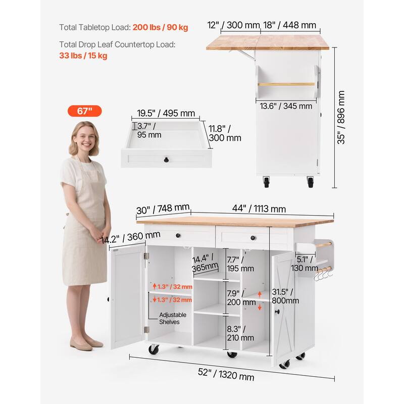 52" Kitchen Island Cart Rolling Storage Cabinet Table with Drawer & Drop Leaf